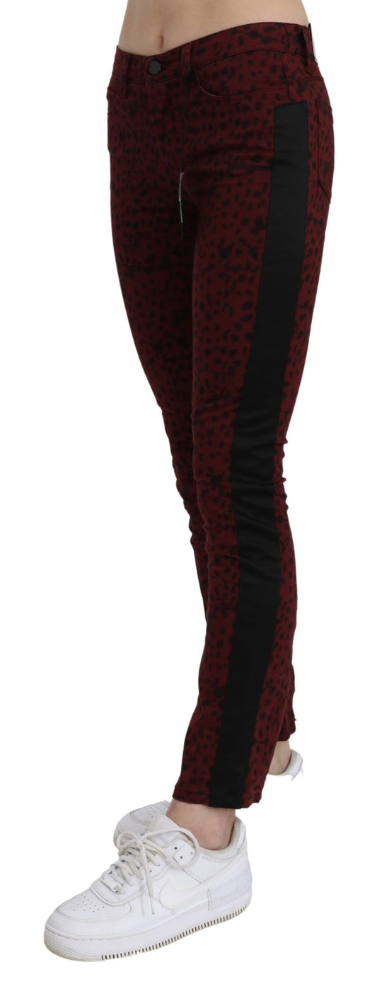 Red patterned pants on a model