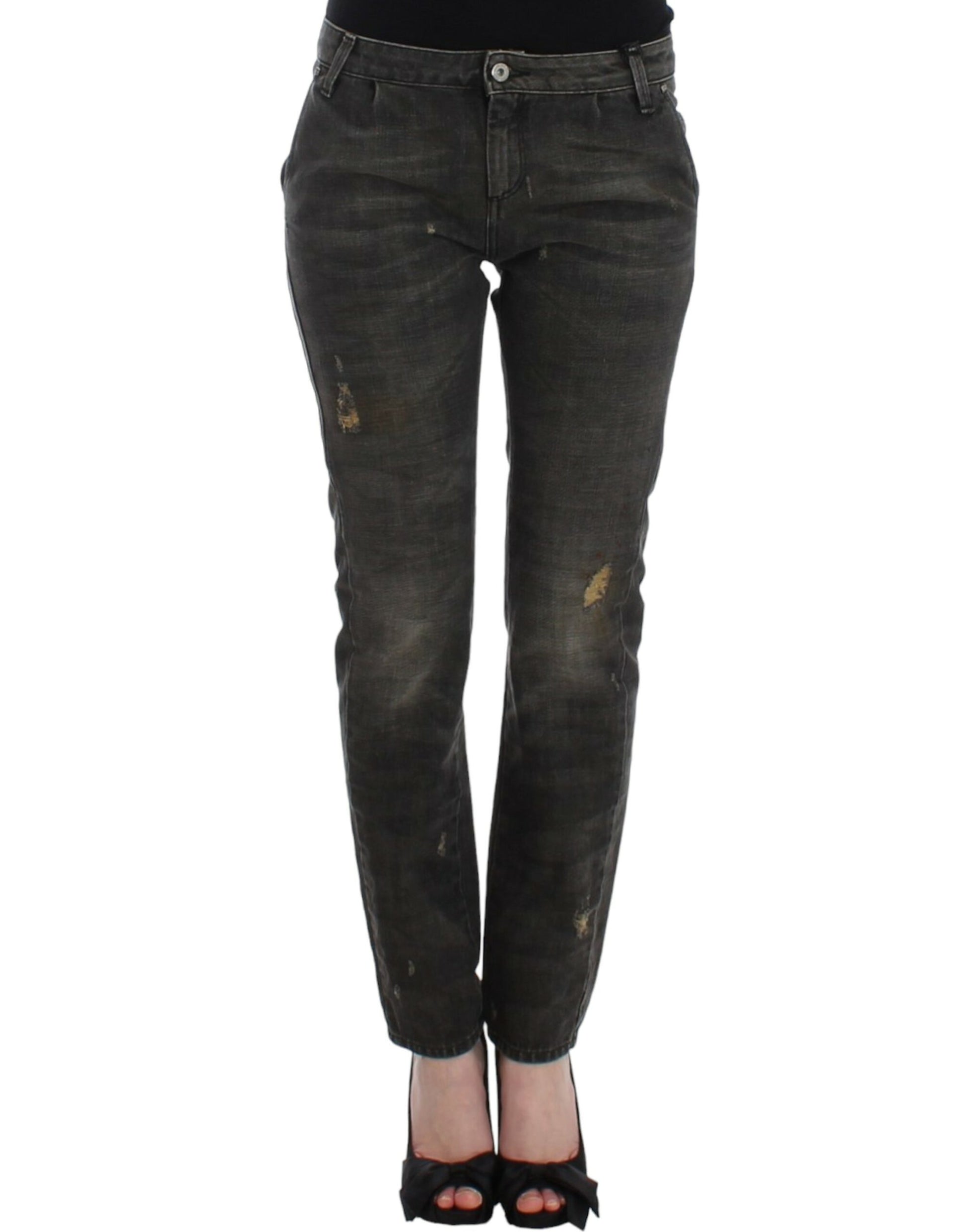 Pair of women's jeans with distressed design and faded areas