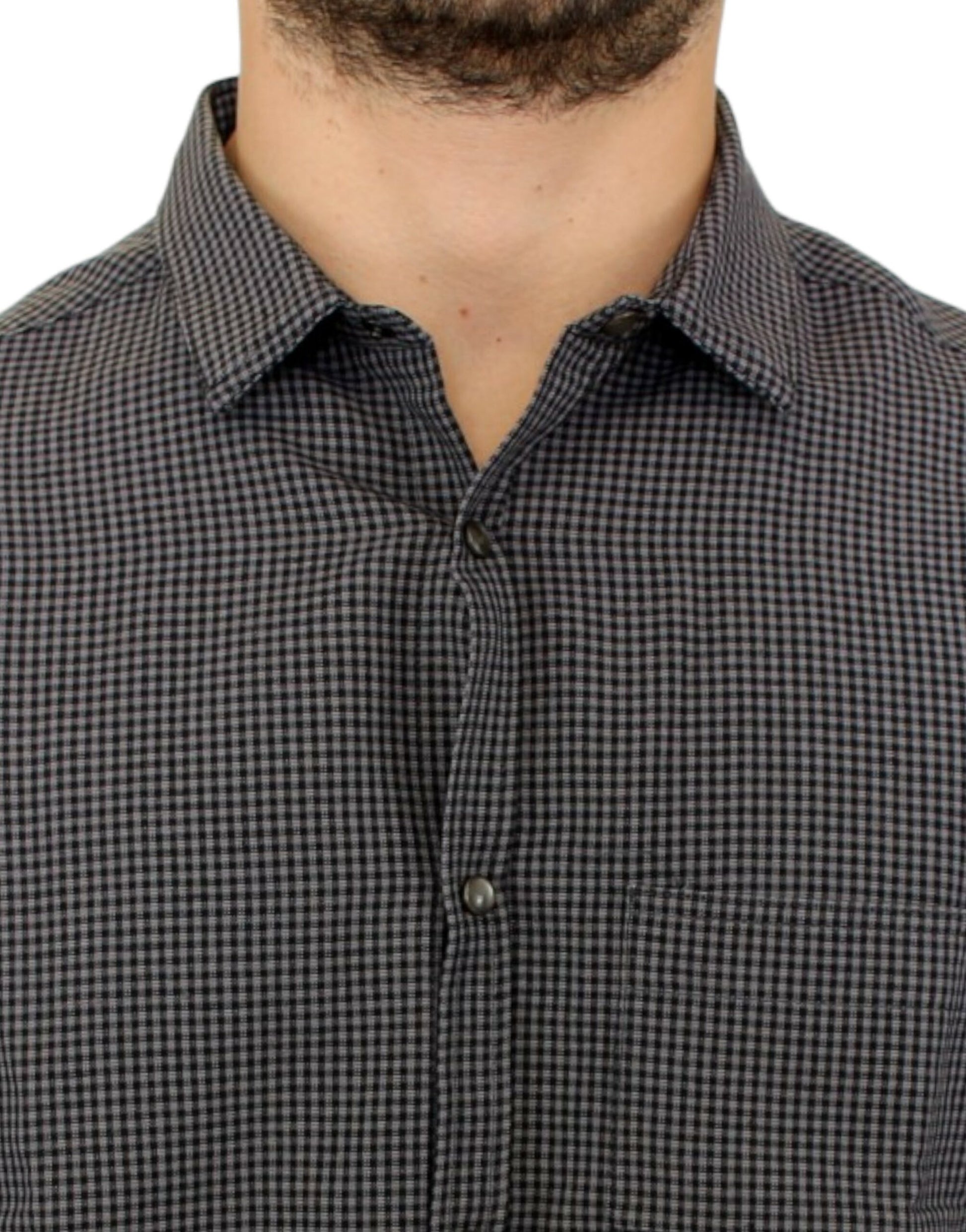 Man wearing dark plaid shirt
