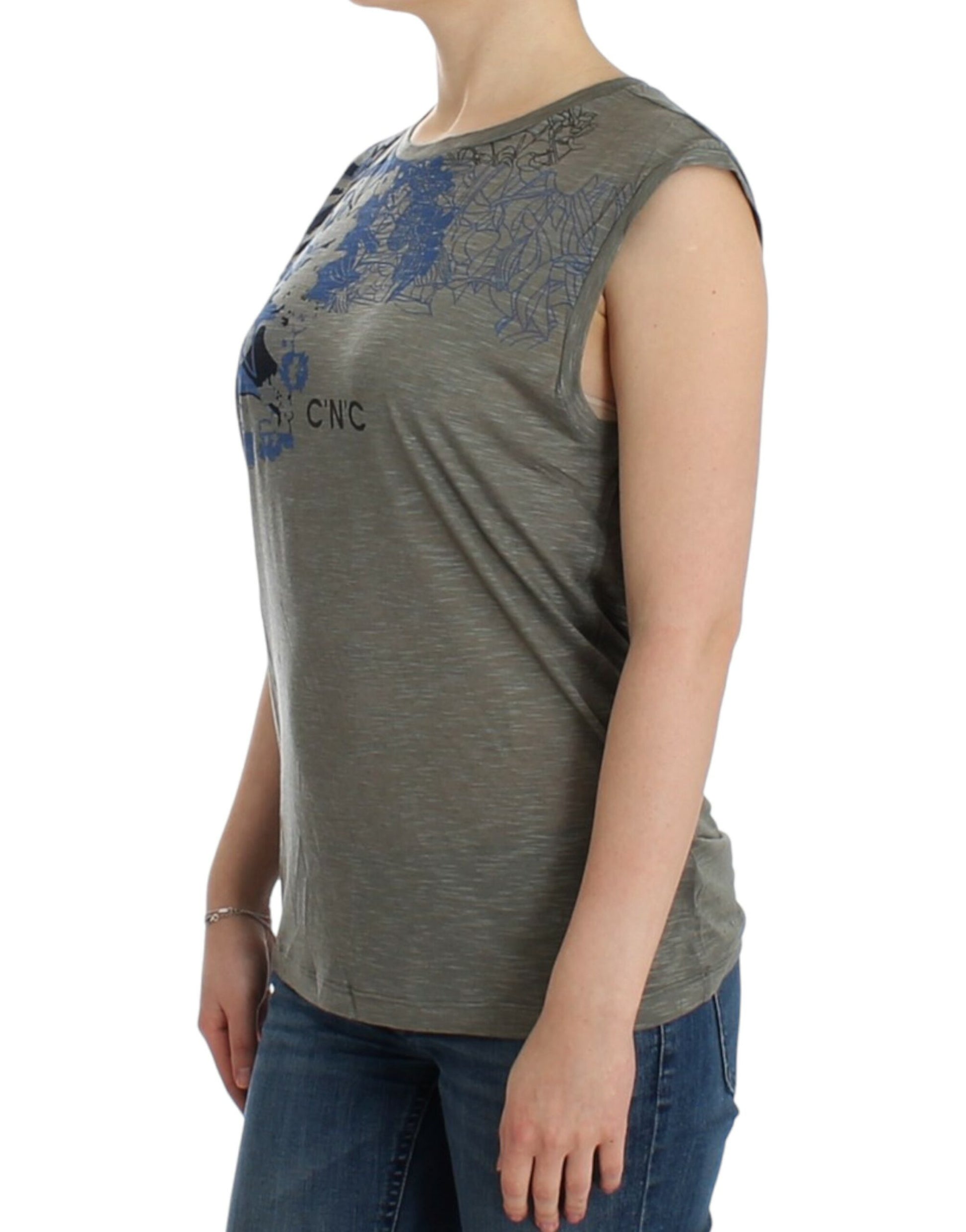 Woman wearing gray tank top