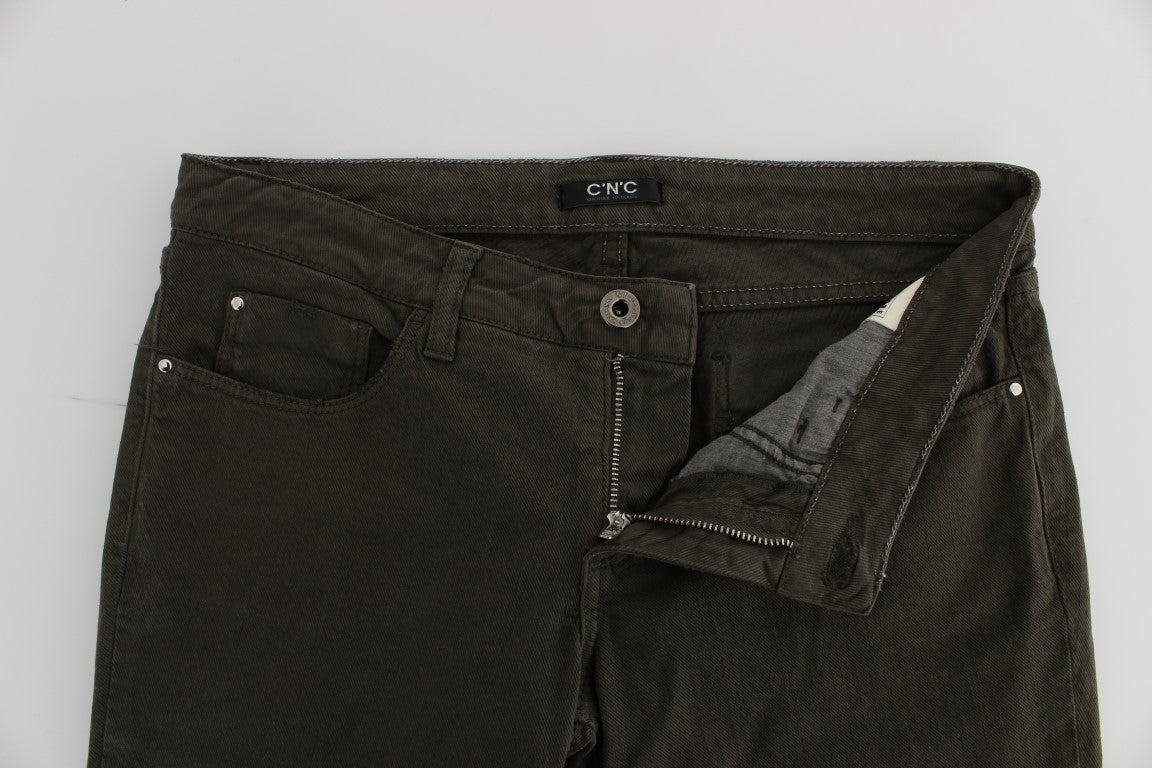 Pair of dark green cargo pants with zippered pockets