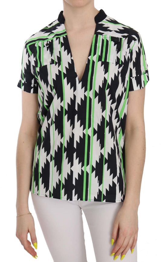 Black and white patterned shirt with green accents