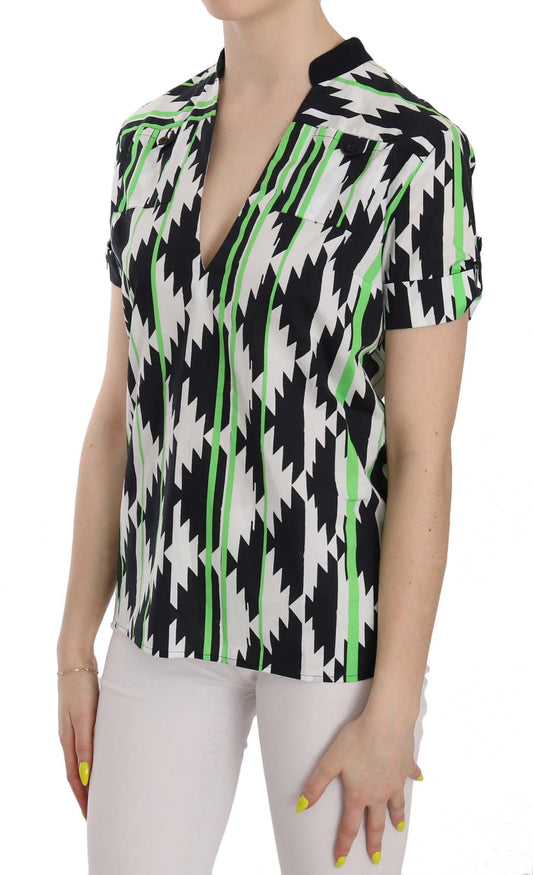 Black and white patterned shirt worn by a woman