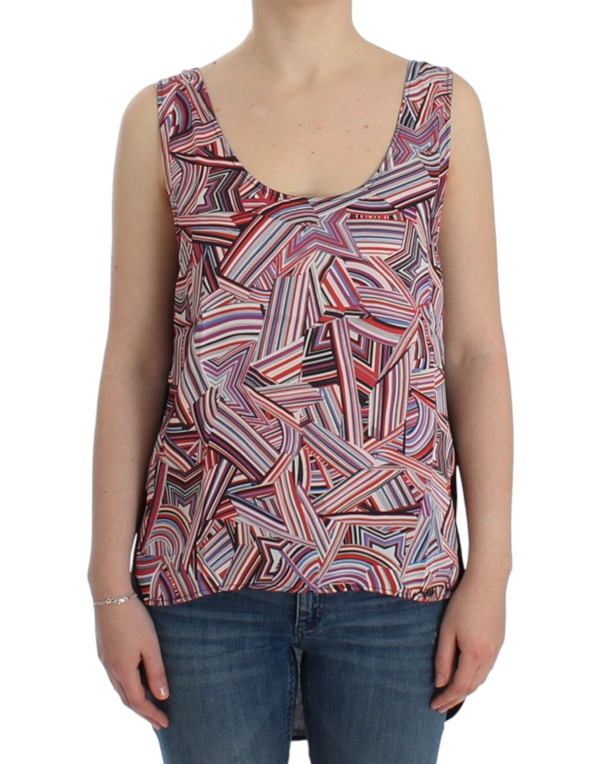 Woman wearing a colorful tank top