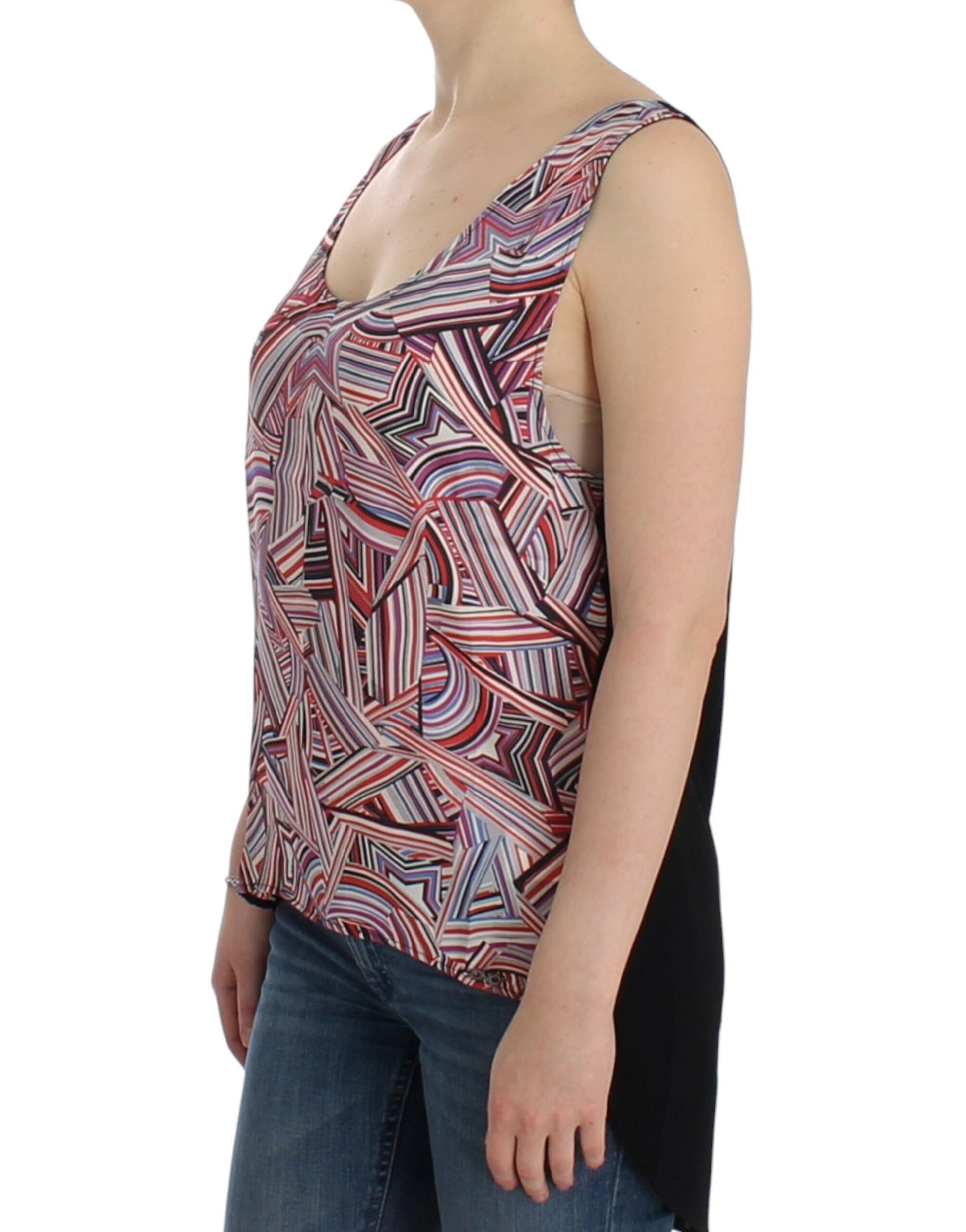 Woman wearing a sleeveless top with colorful pattern