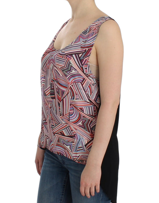 Woman wearing a sleeveless top with colorful pattern
