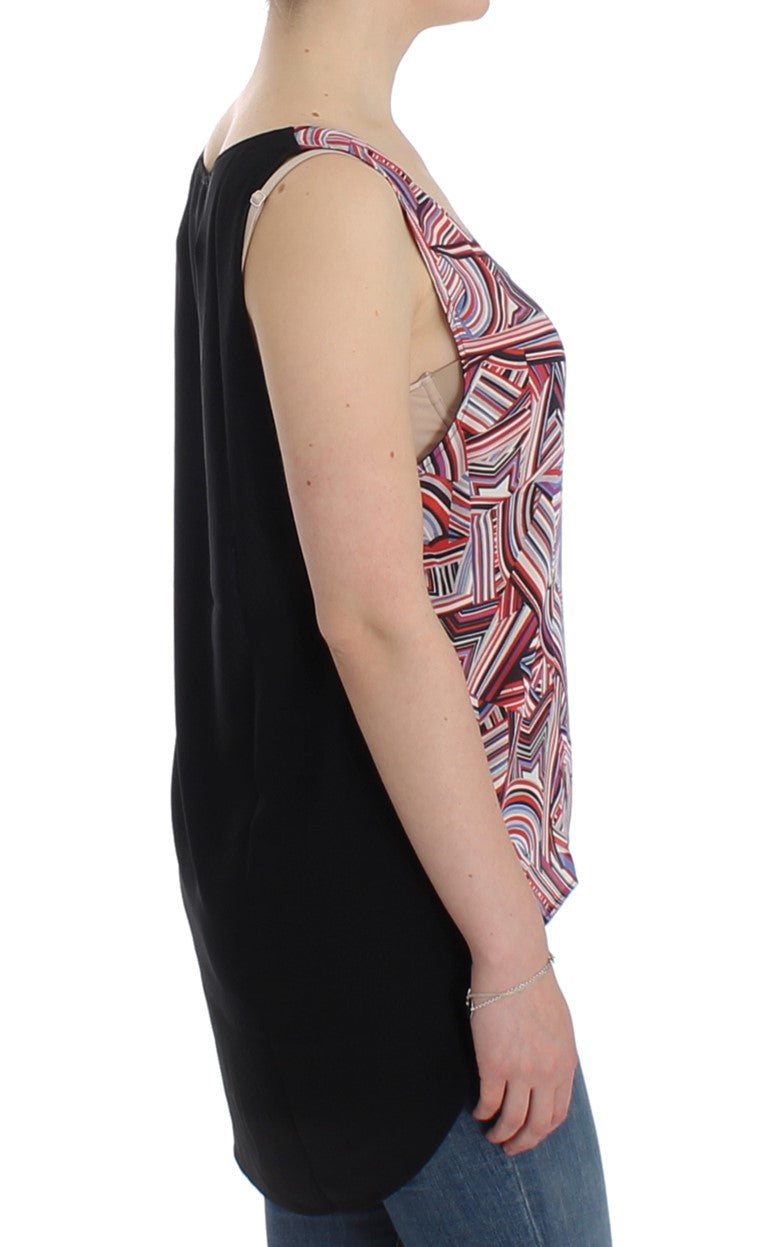 Woman wearing black dress with patterned sleeves