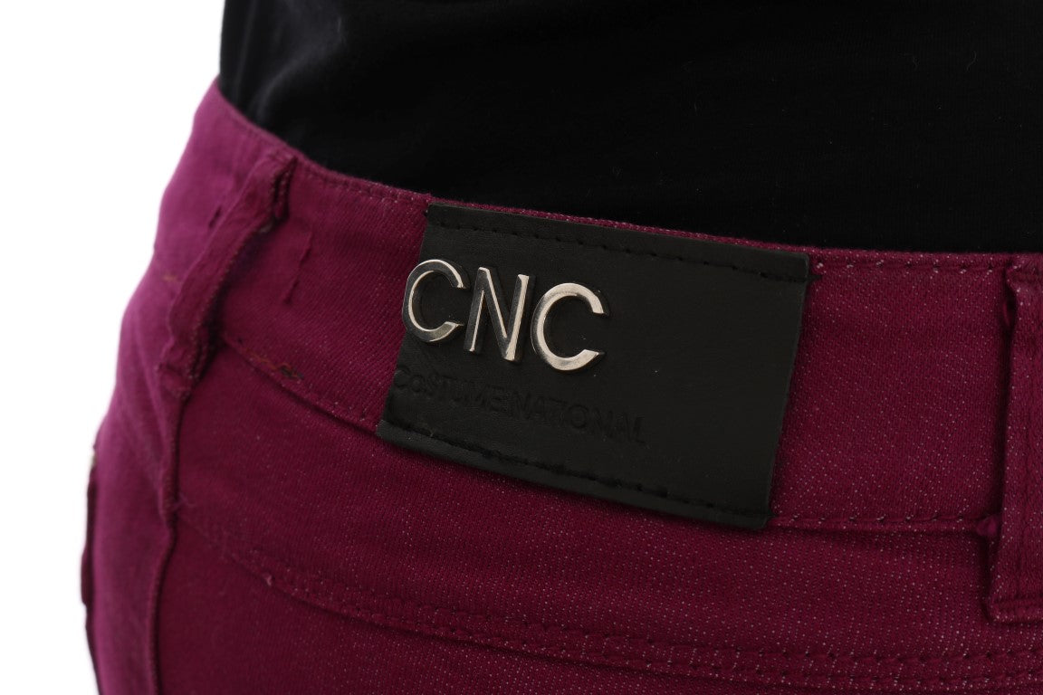 Red pants with black label on waistband