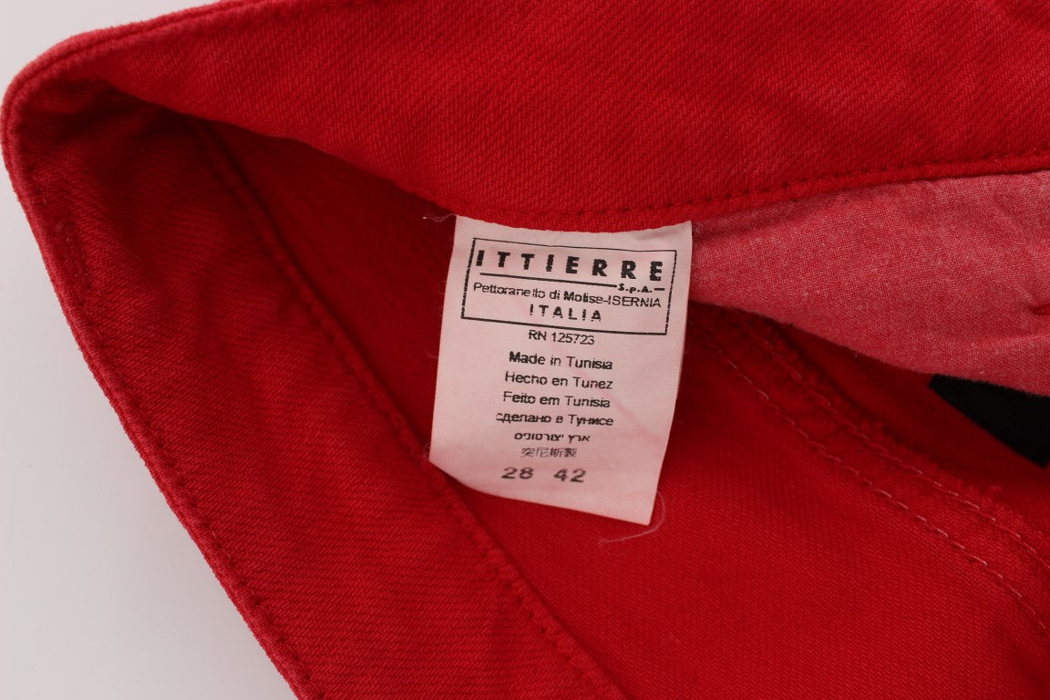Red fabric with tag attached to neckline