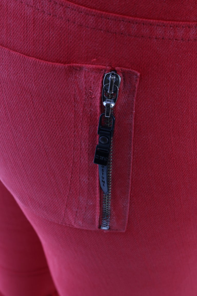 Red pants with zippered pocket on left leg
