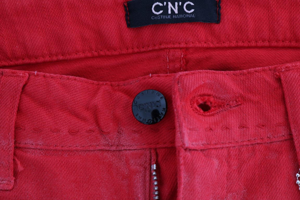 Red jeans with black label on waistband