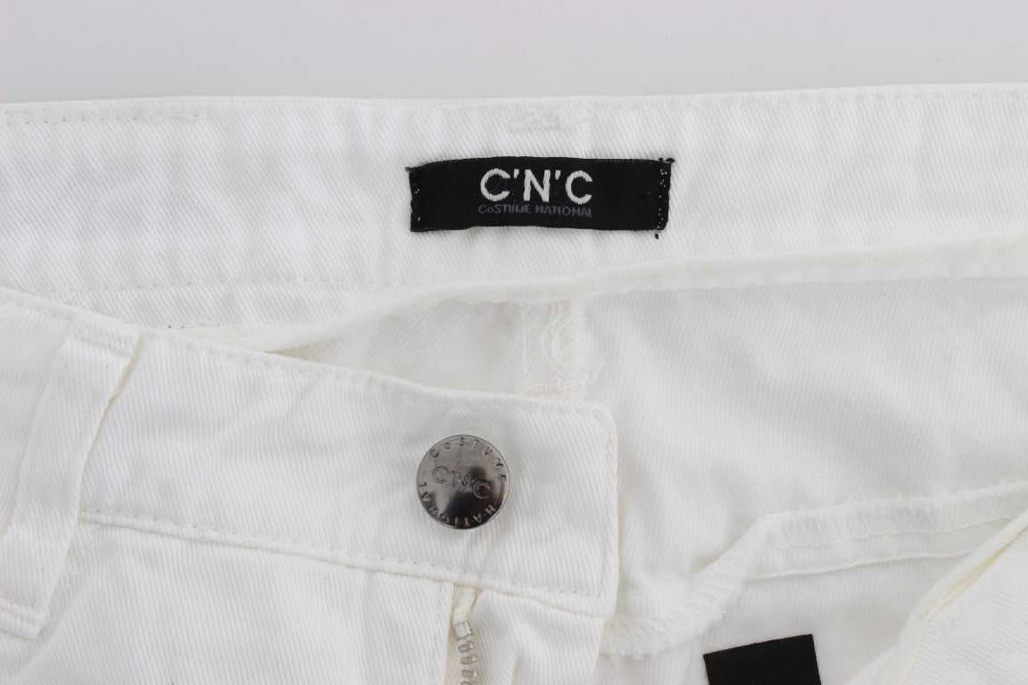 White denim jeans with black button and label