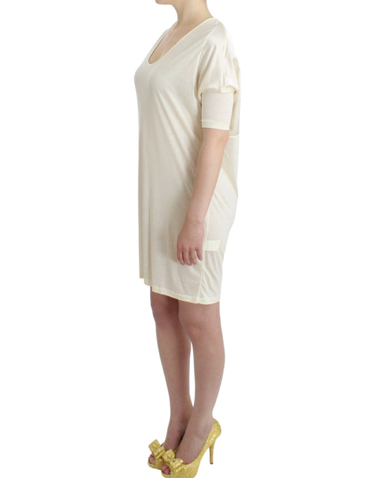 Woman's long beige dress with short sleeves and high neckline