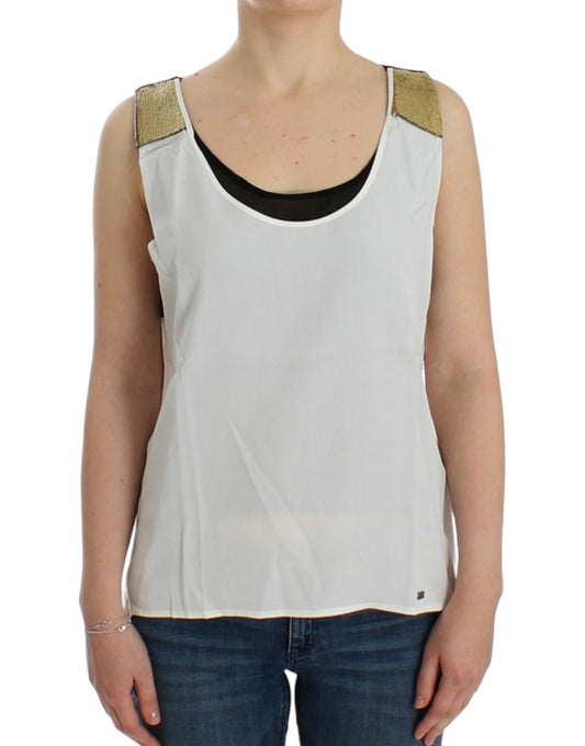 White tank top with gold trim on shoulders