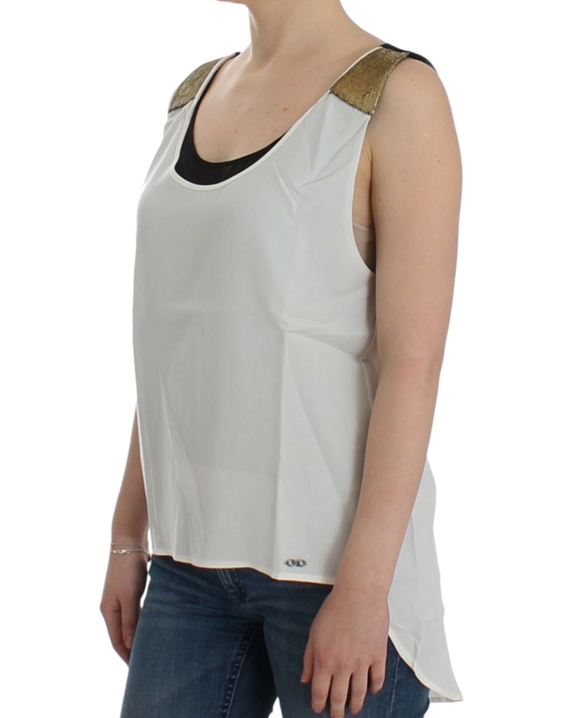 White tank top with gold trim on sleeve