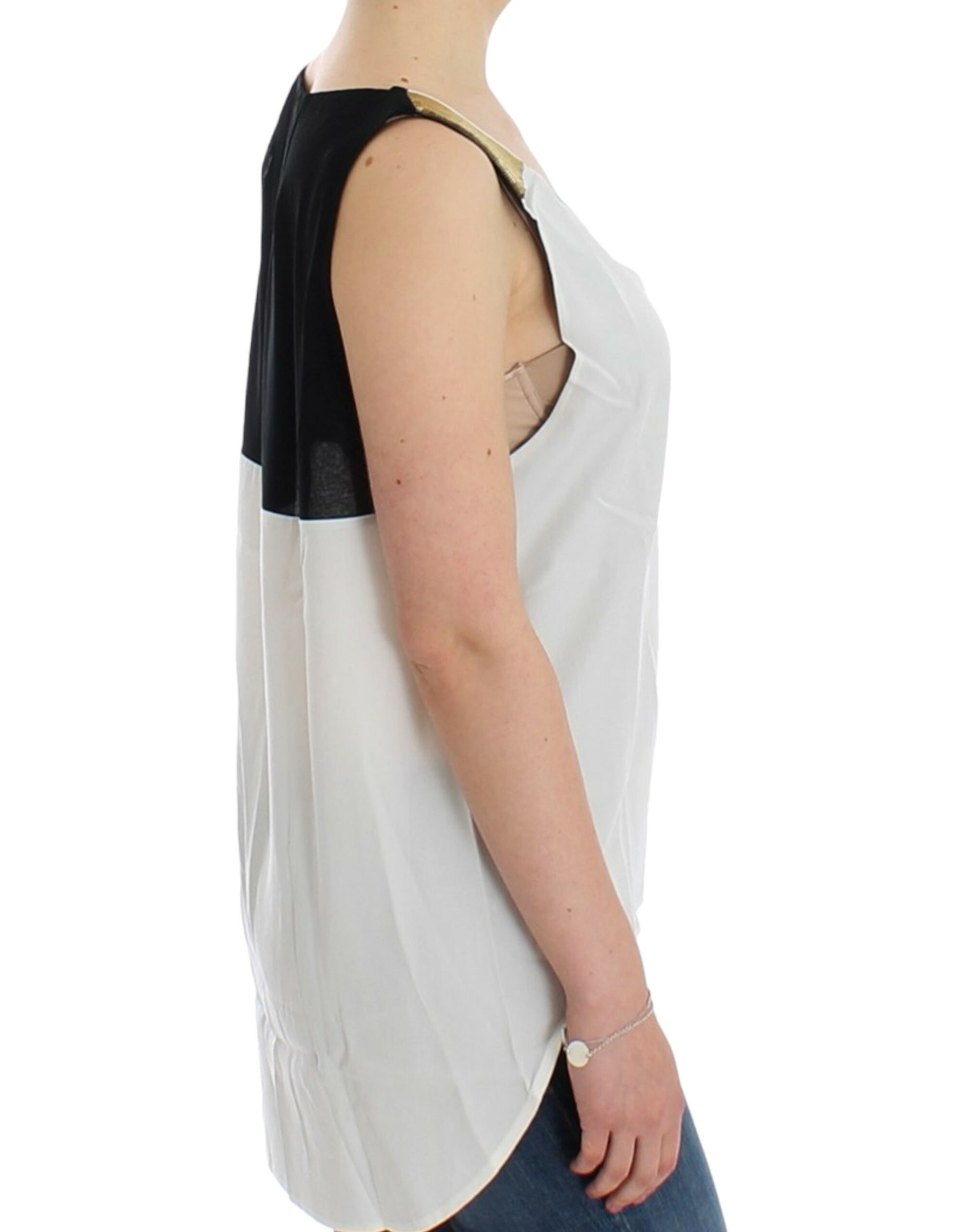 Woman wearing a black and white top