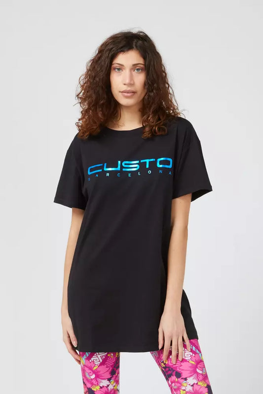 Black t-shirt with blue logo on front