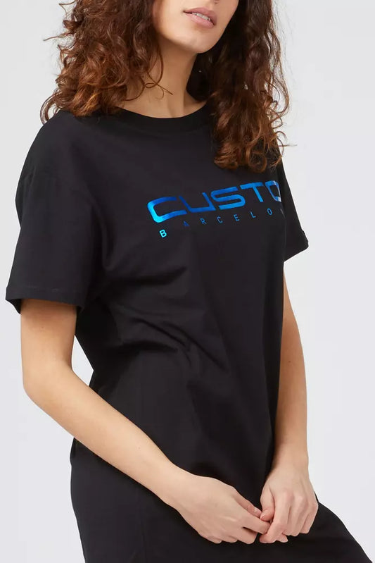Black t-shirt with blue logo