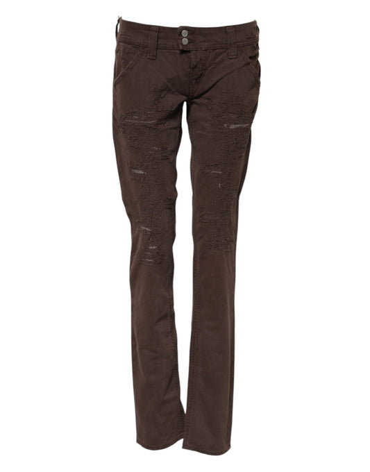 Brown distressed jeans with zigzag stitching on legs