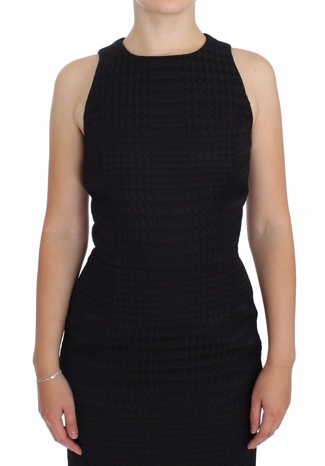 A black knee length dress with a sheath design, suitable for evening or party wear