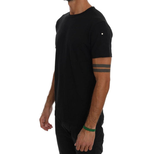 Black cotton t-shirt with short sleeves, crew neckline, and graphic print on front