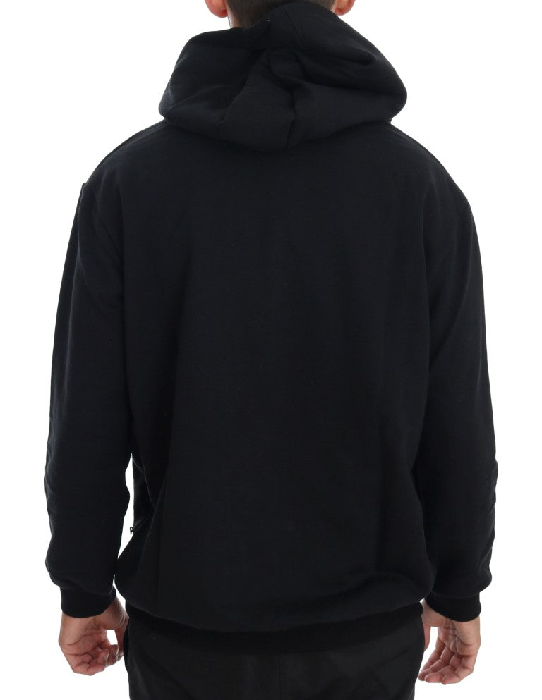 Black hoodie with white stripes on sleeves