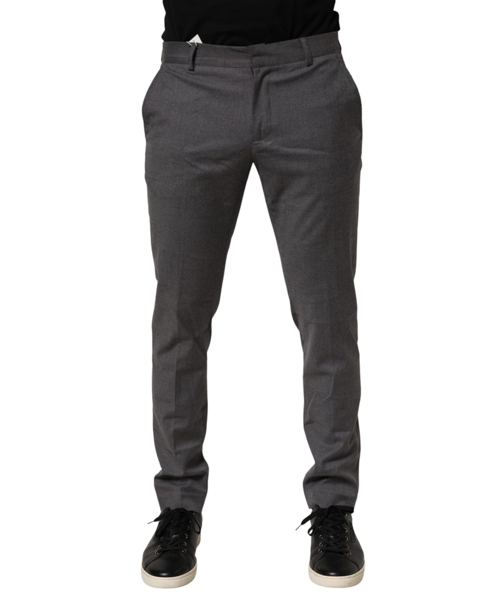 A pair of gray polyester formal dress trousers