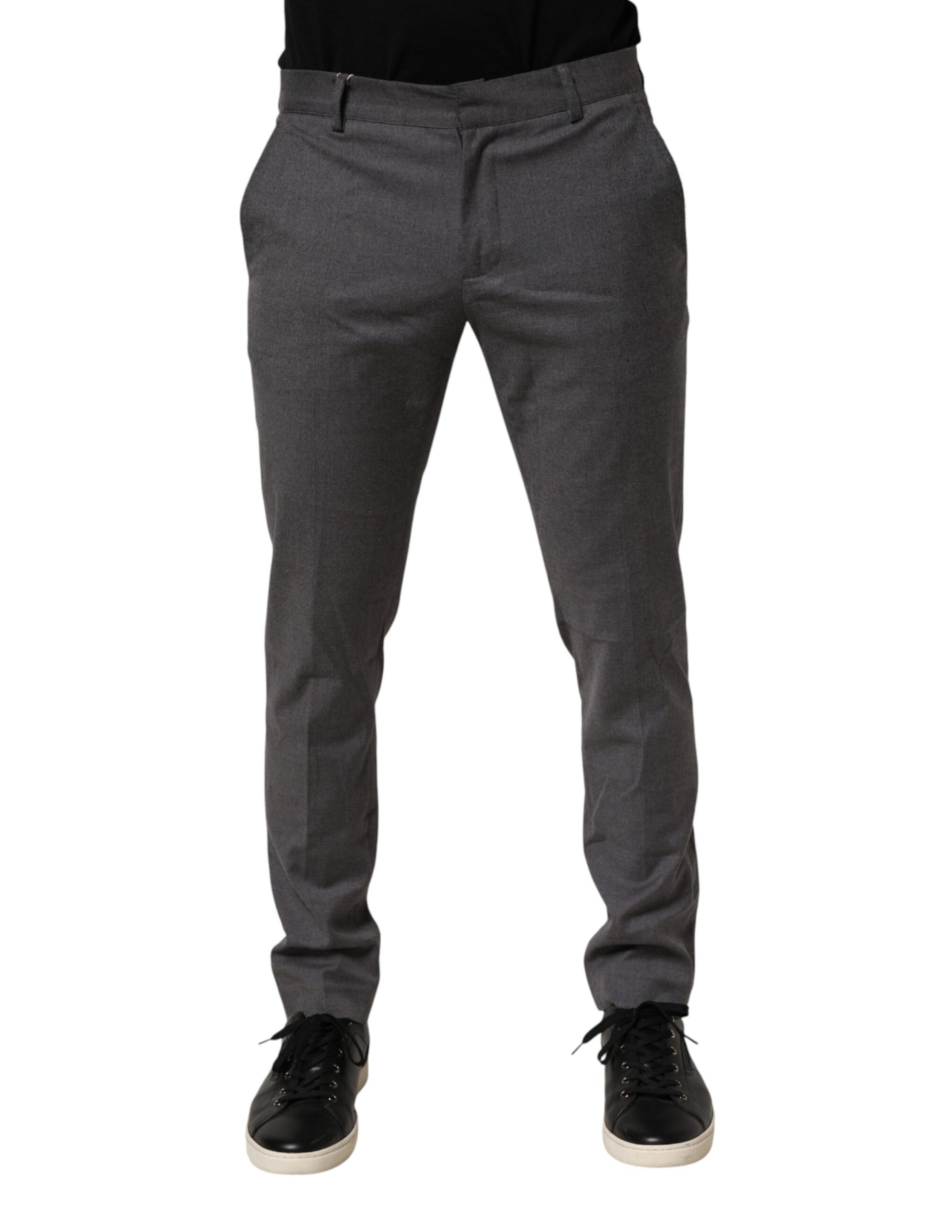 A pair of gray polyester formal dress trousers with a flat front design