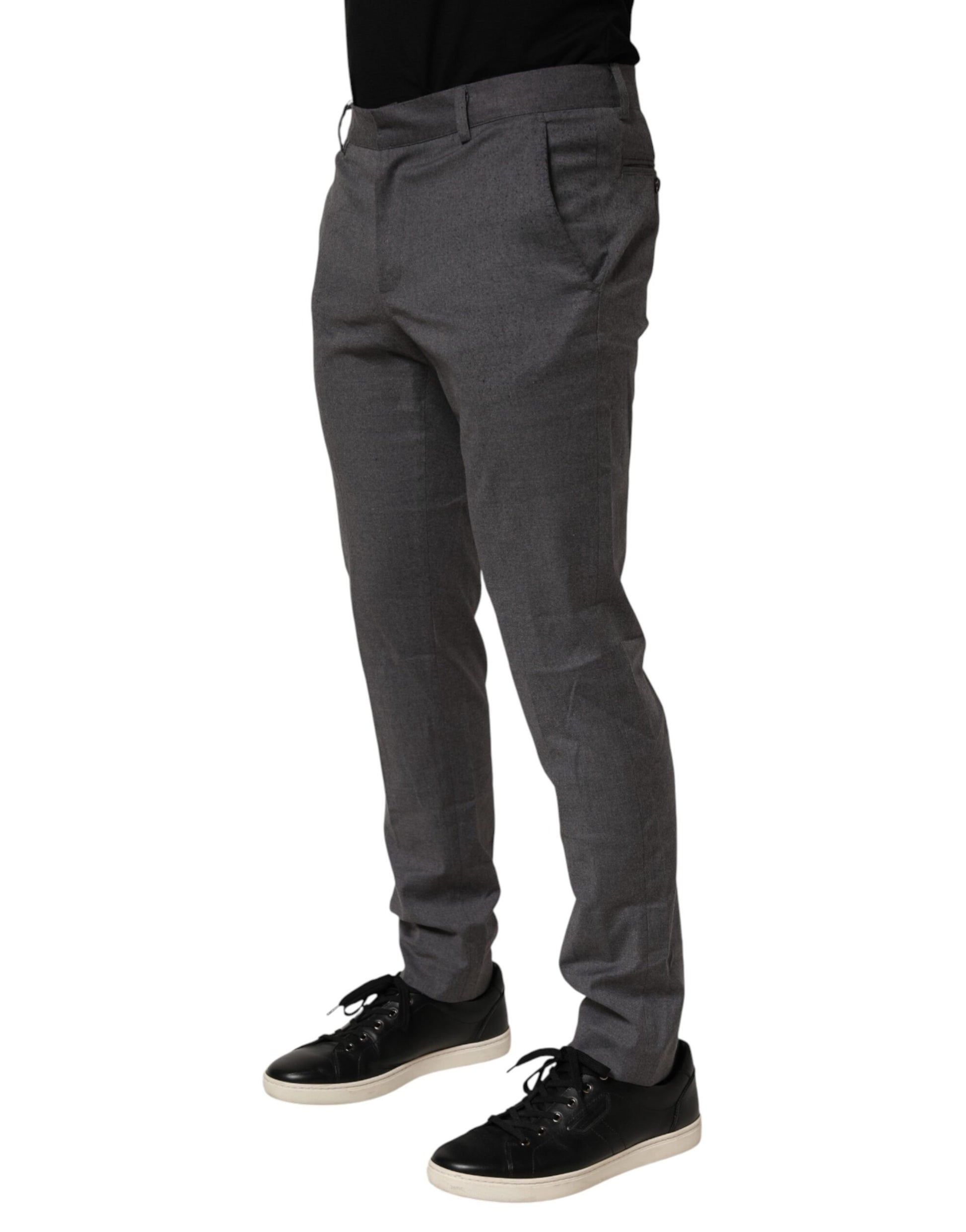 A pair of gray polyester formal dress trousers