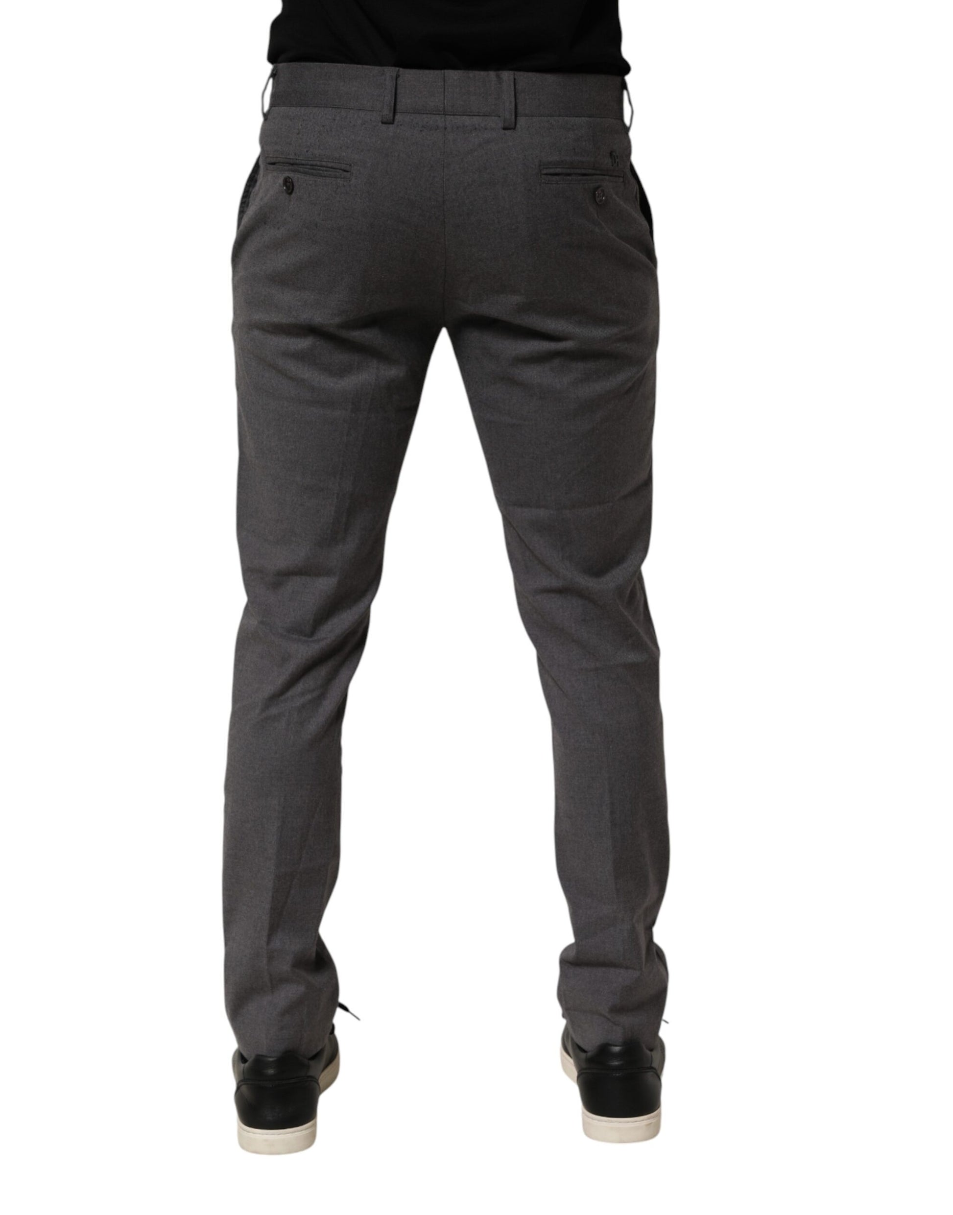 A pair of gray polyester formal dress trousers with a slim fit