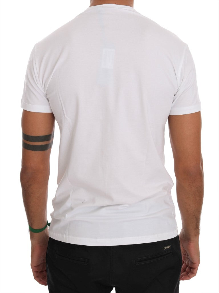 White short sleeve t-shirt with black stripes on back