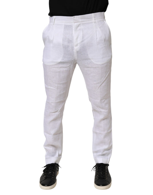 White linen formal dress trousers with creases and a slim fit