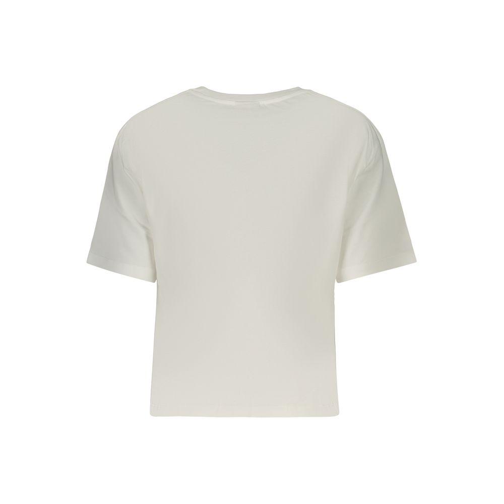A plain white women's t-shirt with short sleeves