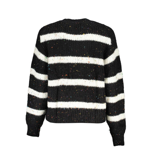 Black sweater with white stripes and colorful speckles