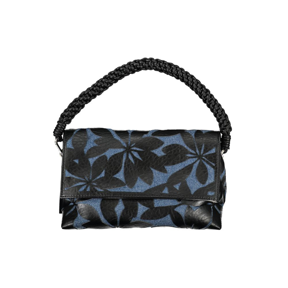 Blue floral patterned purse with black trim