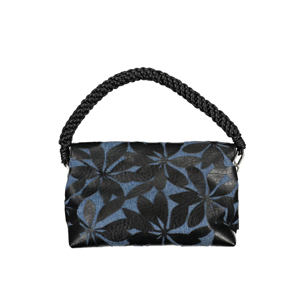 Blue purse with black straps and floral pattern
