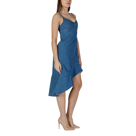 A long denim dress with a flared skirt