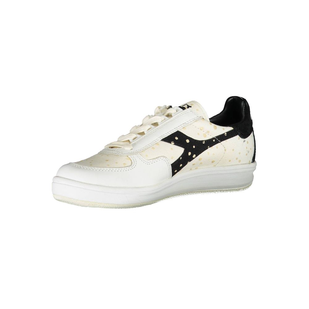 White leather women's sneaker with black laces, black sole, and black logo on side