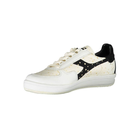 White leather women's sneaker with black laces, black sole, and black logo on side