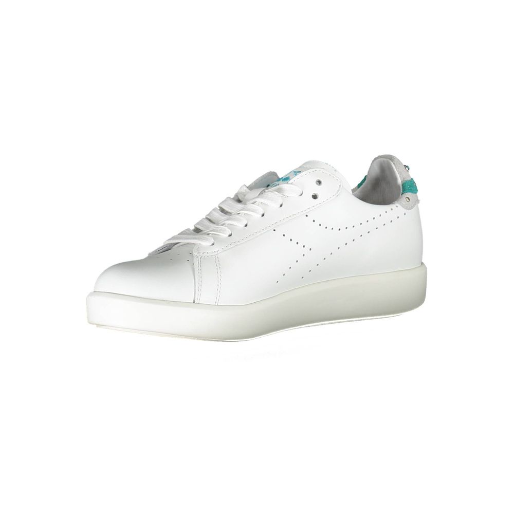 White leather women's sneaker with laces, rubber sole, and side stripe detail