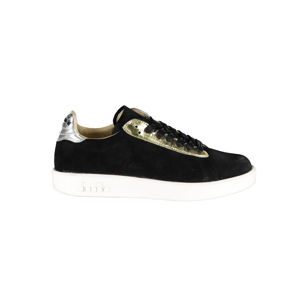 Black sneaker with gold accents and white sole