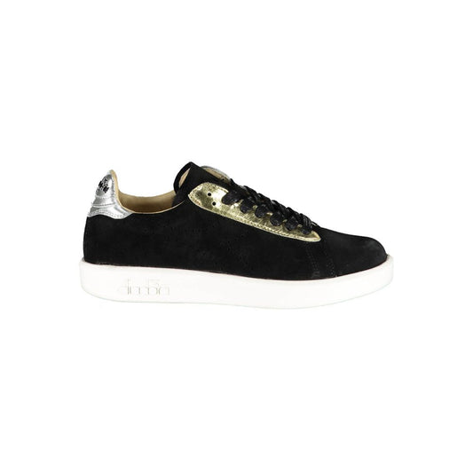 Black sneaker with gold accents and white sole