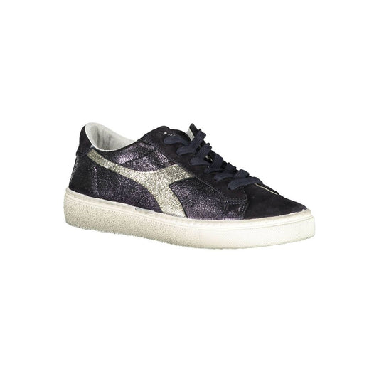 A black leather women's sneaker with white sole, featuring a glittery design on the side and laces