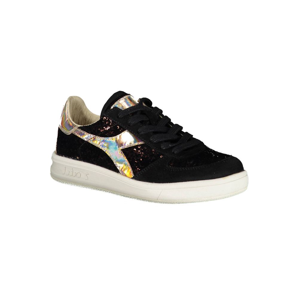 A black leather women's sneaker with a colorful design on the side, featuring a white sole and laces
