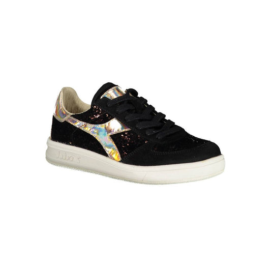 A black leather women's sneaker with a colorful design on the side, featuring a white sole and laces