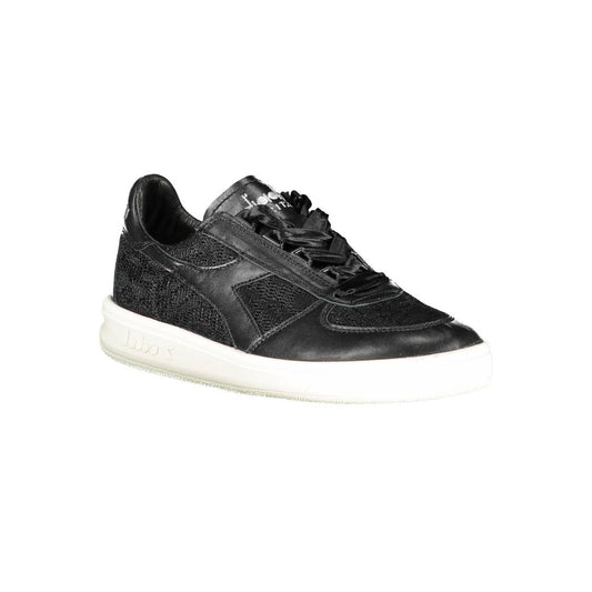 A black leather women's sneaker with white sole, laces, and logo