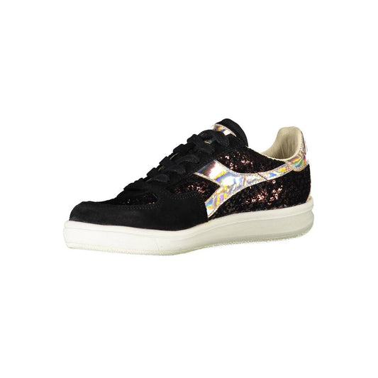 A black leather women's sneaker with a glittery design on the side