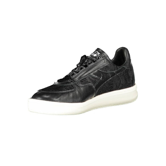 A black leather women's sneaker with white sole
