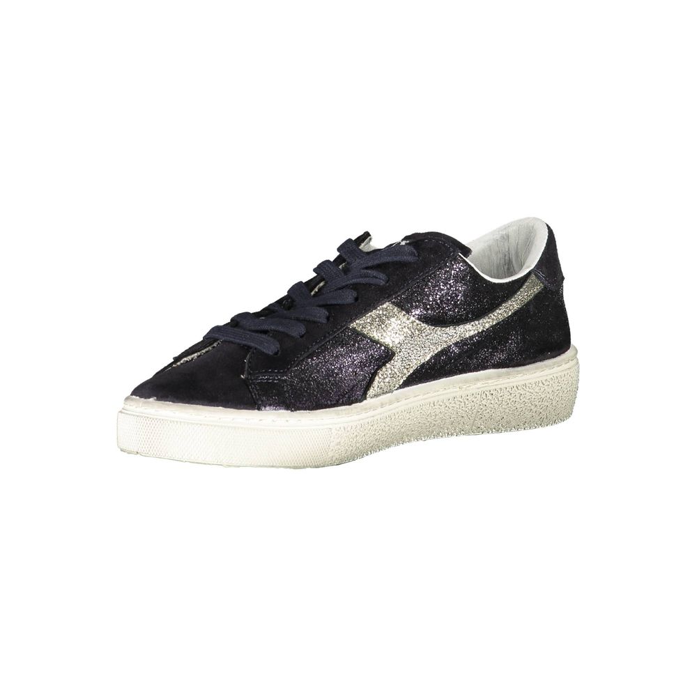 A black leather women's sneaker with a glittery pattern on the side, featuring white laces and a flat sole