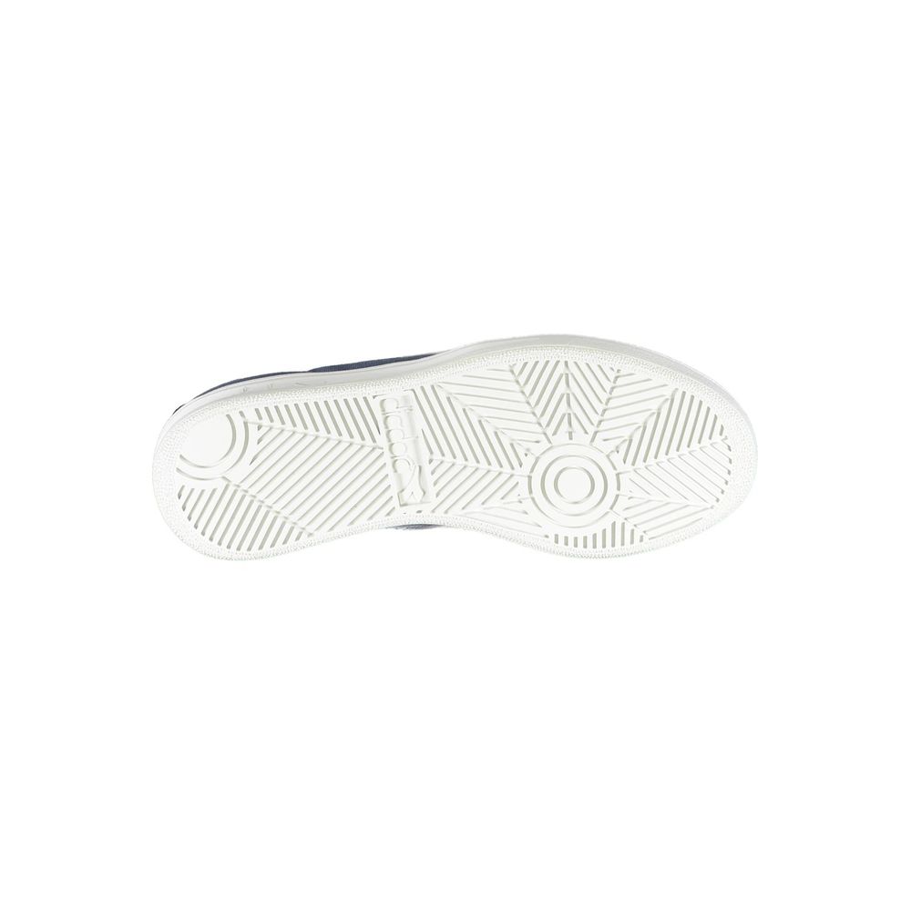 A single white sneaker with a blue sole, featuring a circular logo on the side